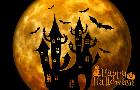 Halloween, hrad, divný, surrealistické, atmosféra, bat, měsíc
