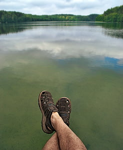 jazero, nohy, sandále, Dovolenka, topánky, plány, pokoj v duši