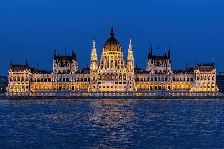 tombée de la nuit, architecture, gouvernement, ville, rivière, réflexion, Budapest