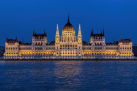 súmraku, Architektúra, vláda, mesto, rieka, reflexie, Budapešť