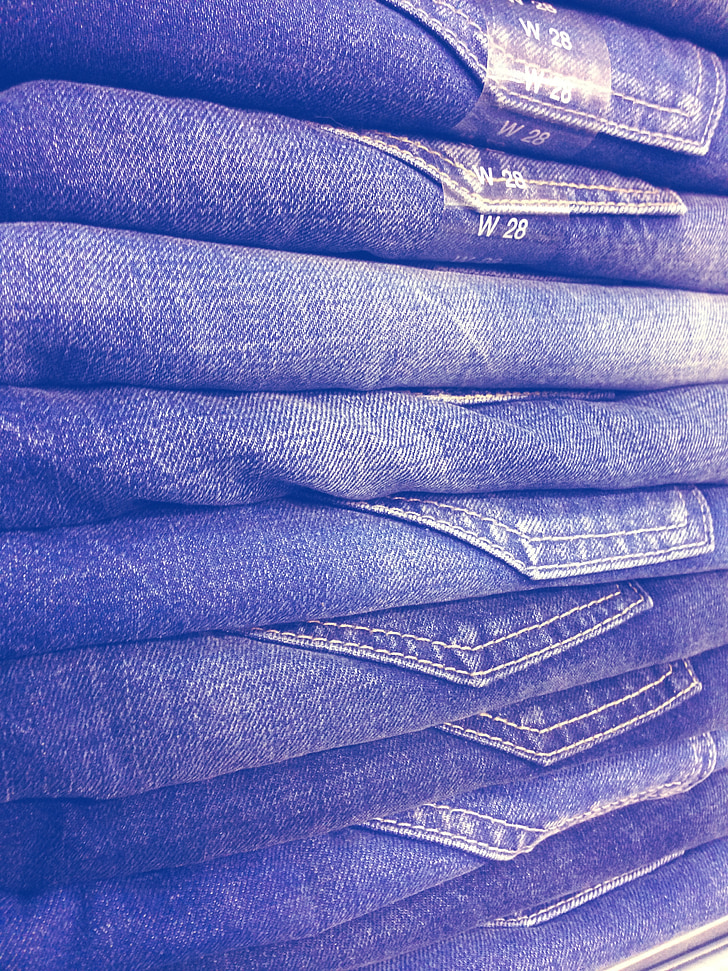 jeans, jeans stabel, bukser, blå lerret, stoff