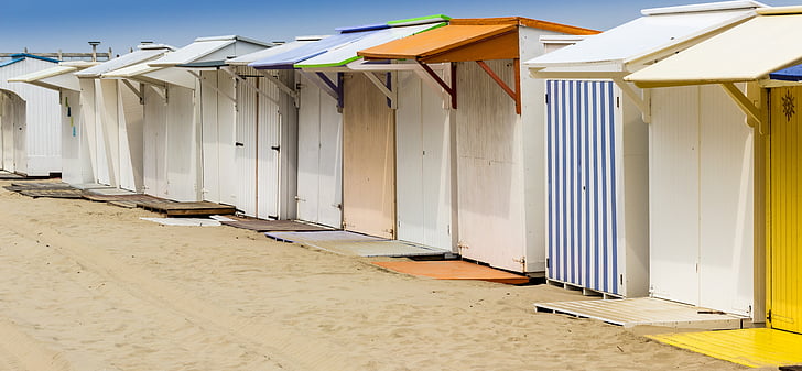 Playa, cabina de playa, casa de playa, arena, mar, vacaciones, colorido