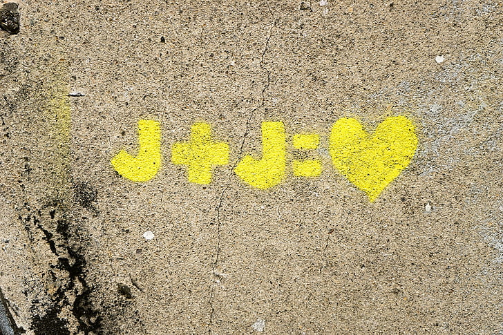 노란색, j, 심장, 벽, 페인트, 사랑, 사랑 하는 마음