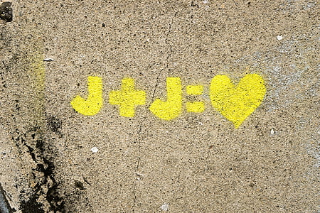geel, j, hart, muur, verf, liefde, liefde-hart