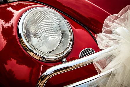bil, VW beetle, röd, motor, Volkswagen, bröllop, strålkastare