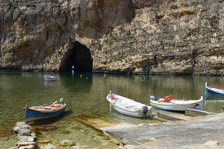 bateaux, mer, port, Malte, été, Pier, grotte