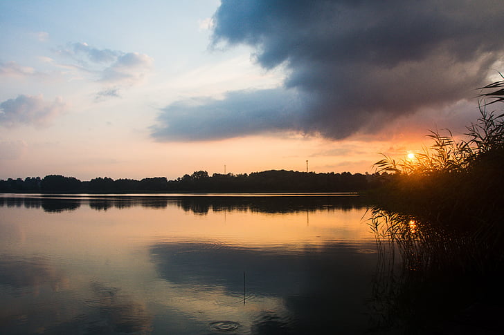 Jezioro, zachód słońca, Mazury, krajobraz, Natura, zachód, Polska