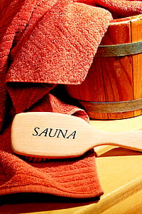 sauna, štětec, plechovka, ručník, obnovit, zotavení, relaxace