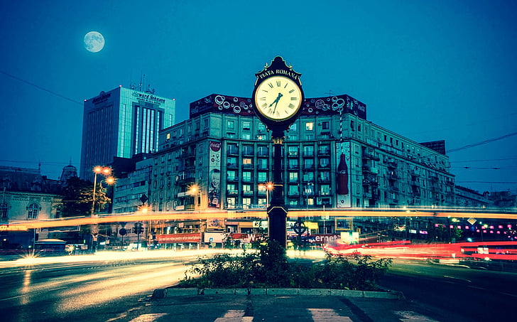 Timelapse, фотографировал, город, Бухареста, Румыния, Европа, Будильник