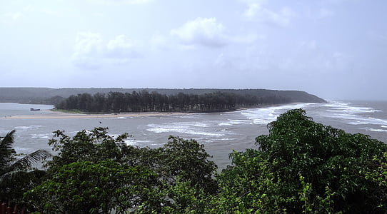 floden, udmunding, Terekhol, havet, Goa, Indien, Beach