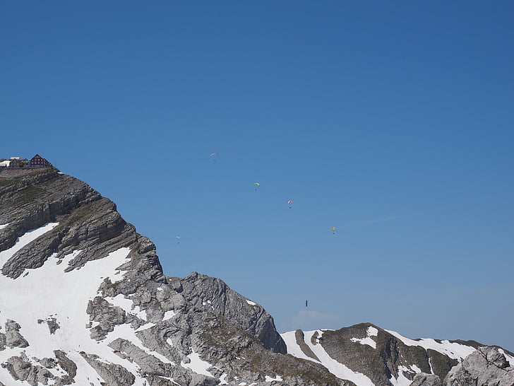 paraglider, mountain, säntis, mountains, alpine, paragliding, fly