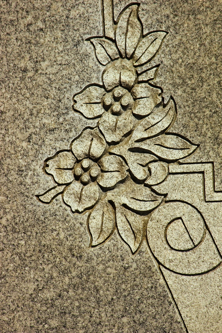 carving, blommor, gravsten, symbol, detalj, granit, grav