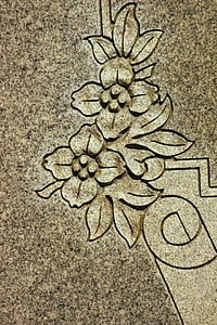 talla, flores, lápida mortuoria, símbolo, detalle, granito, sepulcro