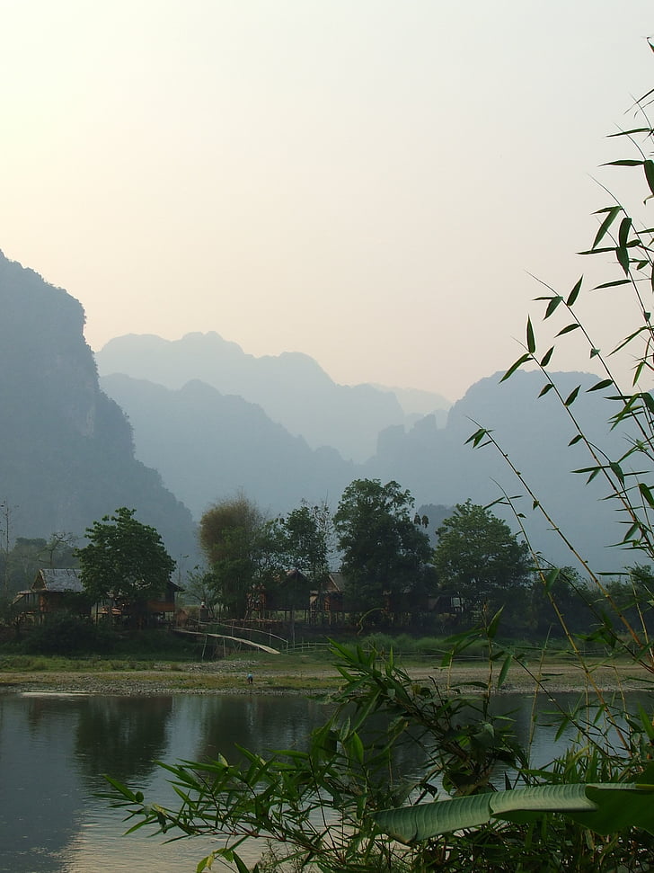 Laos, Asia, Southeast, landskap, byn, vatten, skönhet