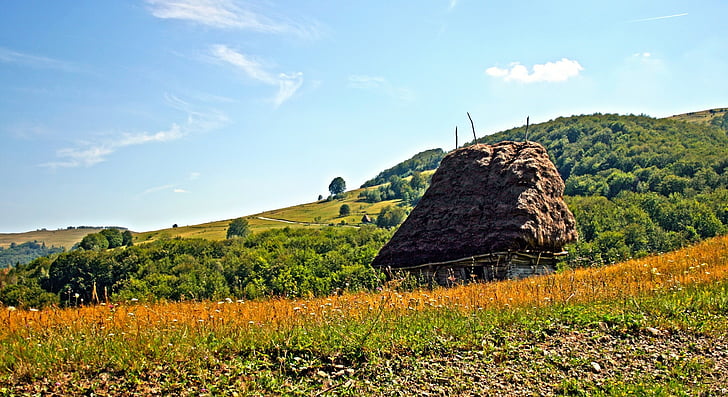 hut, landscape, mountain, rural, stable, nature, sky