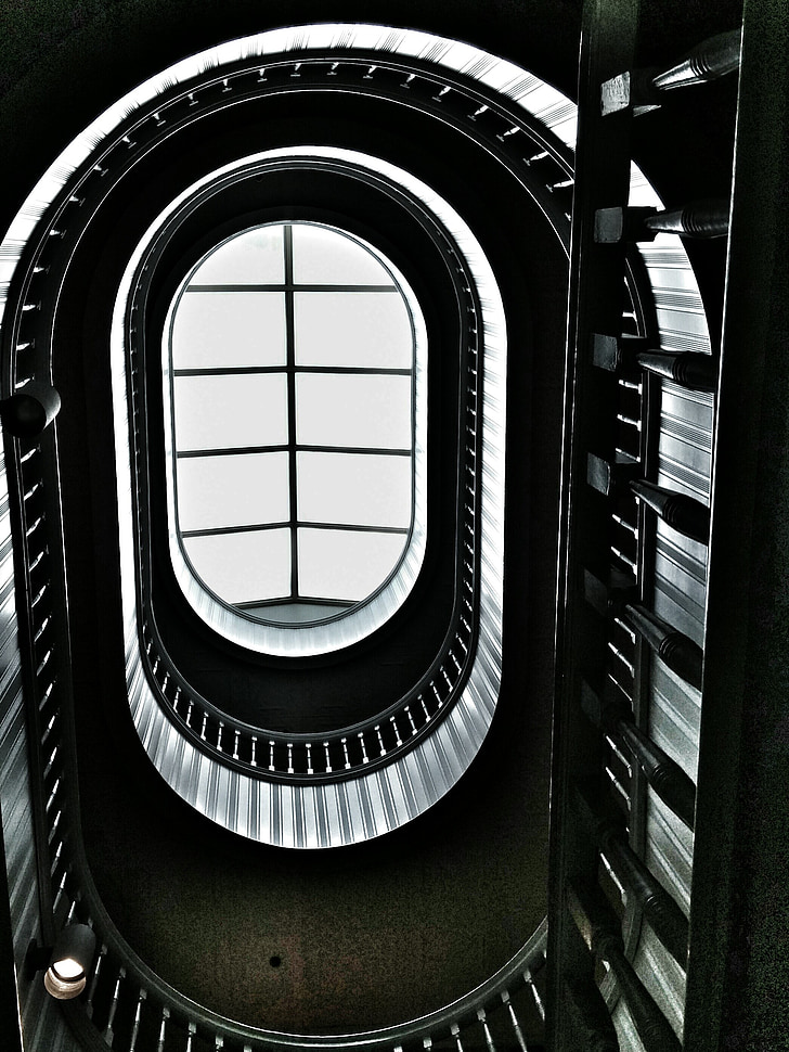 staircase, spiral staircase, window top of spiral staircase