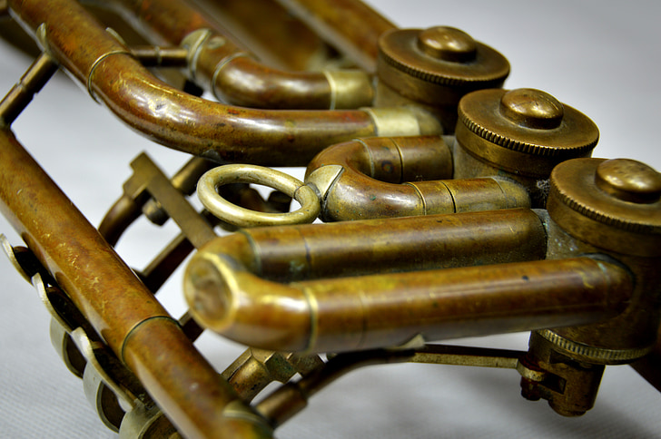 trompeta d'instrument, vell, coure, música, metall, acer, llautó