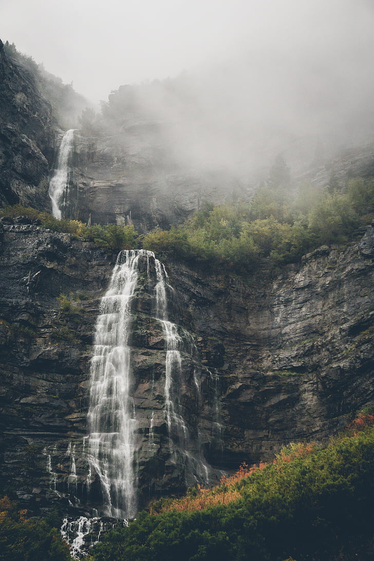 photo, waterfalls, waterfall, hill, green, grass, trees
