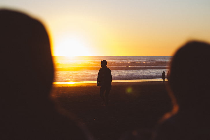 silhouette, two, person, looking, near, sea, people