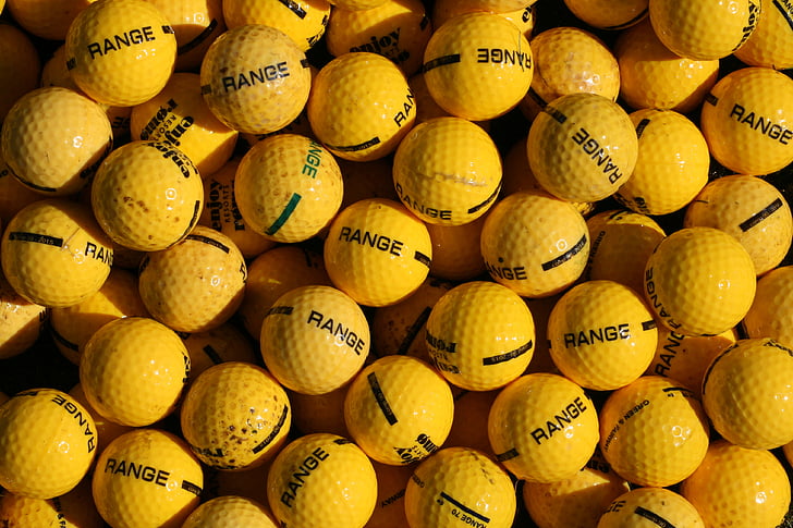 menigte, Golf, Drivingrange, gele ballen, soortgelijke, herhaling, veel ballen
