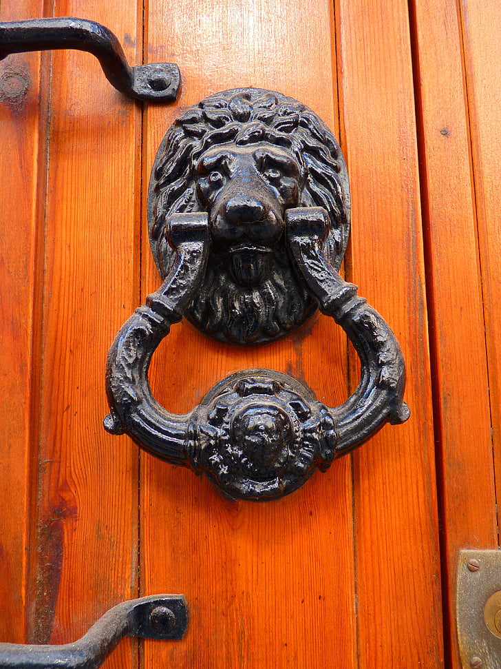 puerta, thumper, cabeza de León, hierro, madera, mango