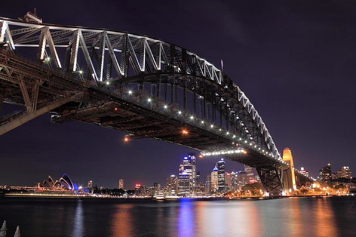 Sydney harbor bridge, natt, arkitektur, landemerke, bybildet, transport, berømte
