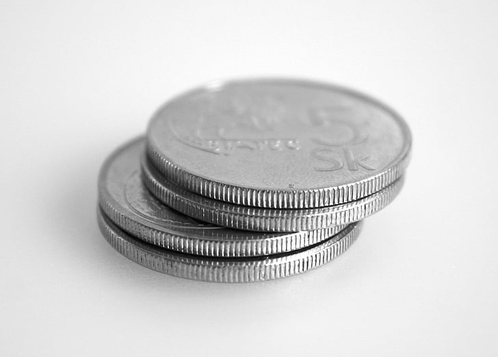 4 동전, 5 개의 크라운, 실버, 오래 된, 슬로바키아