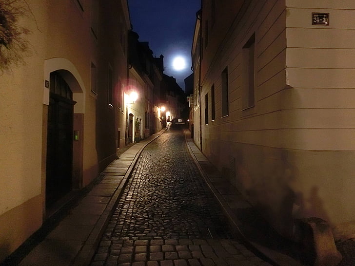 gatve, mēness, Vecrīgā, Görlitz, vēsturiski, naktī, noskaņojums