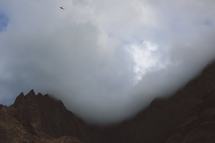 clouds, fog, haze, helicopter, landscape, mountain, nature