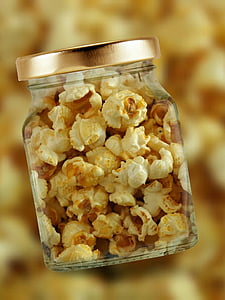 Popcorn, glas, deksel, maïs, maïskorrels