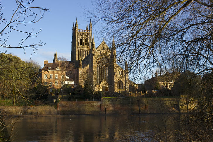 Worcester, Catedral, arquitectura, riu, l'aigua, Reflexions, Anglaterra