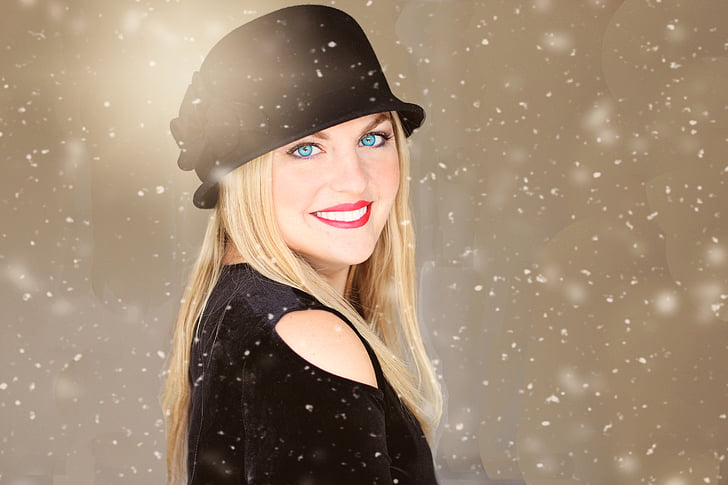sniega, sniegpārsla, ziemas, svētku, cepure, melnā cepure, zilās acis