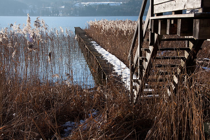 wood stairs, web, boardwalk, lake, bank, sky, water
