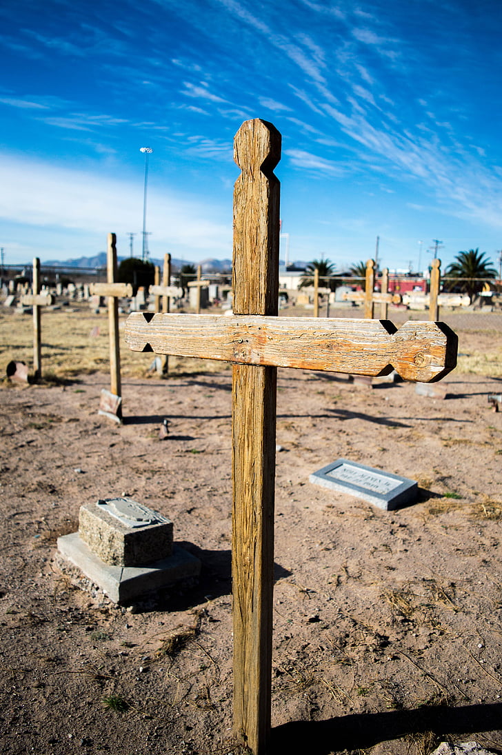 Concordia cementary, kors, grav, gamle kirkegård, Texas, blå himmel, trekors