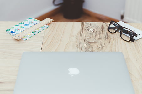 Branco, MacBook, preto, quadro, óculos, marrom, de madeira