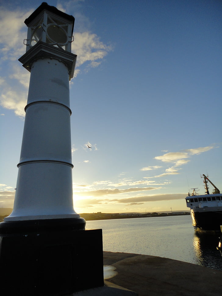 Kirkwall, port, phare, coucher de soleil, Sky, entrée du port, mer