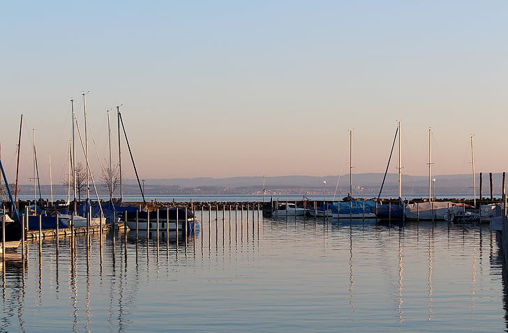 morgenstimmung, reggeli fényben, csónak kikötő, hangulat, Sky, tó, Bodeni-tó