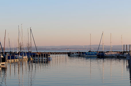 morgenstimmung, reggeli fényben, csónak kikötő, hangulat, Sky, tó, Bodeni-tó