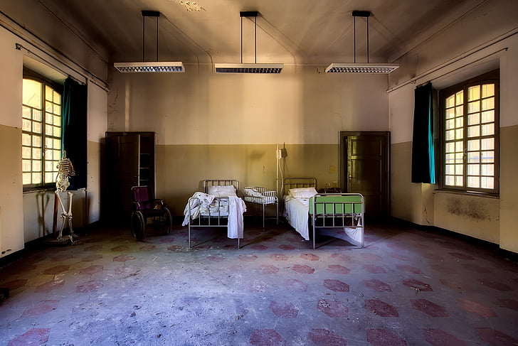 Hospital, sala de, interior, en el interior, interior, abandonado, antiguo