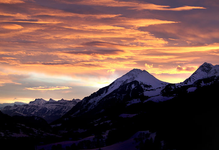 zalazak sunca, planine, perzistencija, večernje nebo, abendstimmung, Oberland (West), Sunce