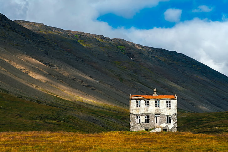 Island, landskab, bjerge, hus, hjem, opgivet, forvitret