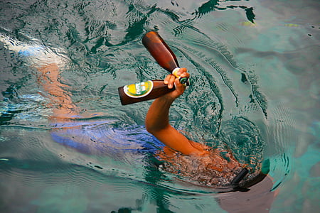 øl, svømning, Ocean, havet, flasker, alkohol, ferie