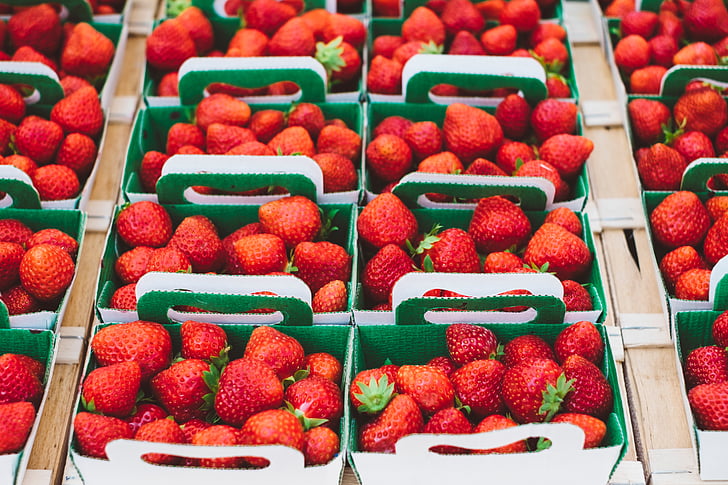bunch, strawberries, boxes, strawberry, harvest, market, fresh