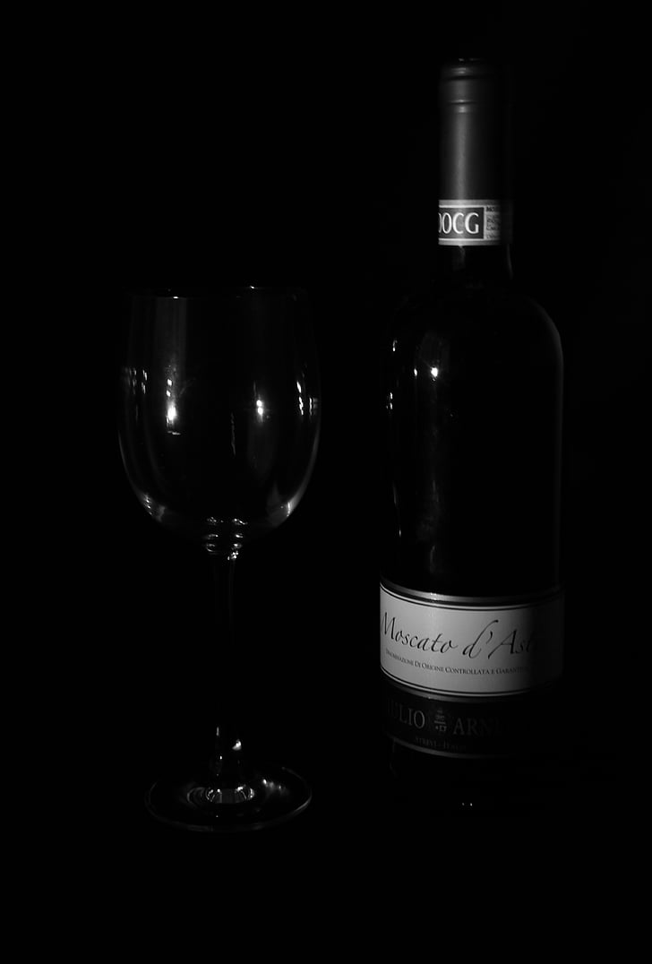вино, стъкло, Черно и бяло, нисък ключ, тъмно