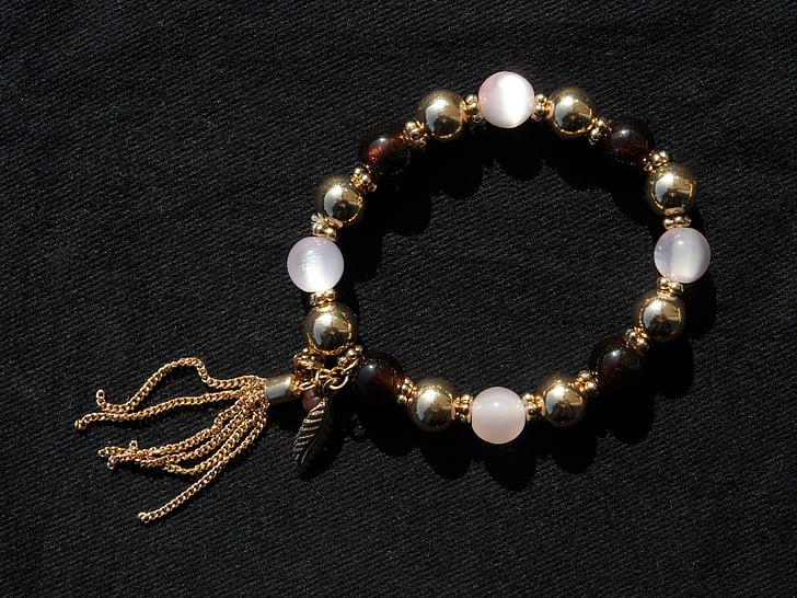 bracelet, Or, perles, bijoux, brun, blanc, mousseux