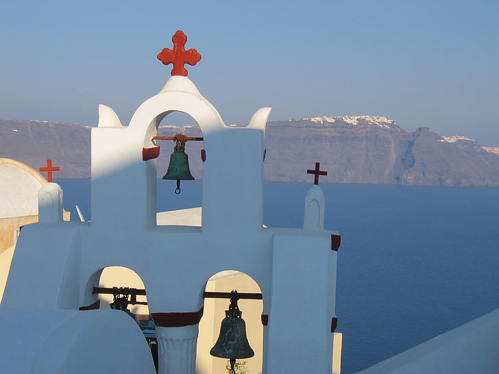 landscape, sea, greece, mediterranean sea, horizon, blue, church