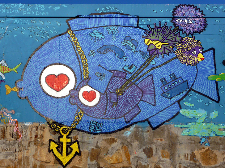 graffiti, ryby, srdce, kotva, žltá, modrá