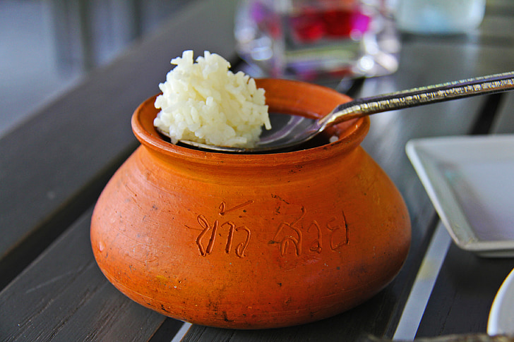 rice, thai, bowl, spoon, clay, white, resort