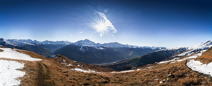 mountain, wide view, panorama, snow, autumn, winter, sun