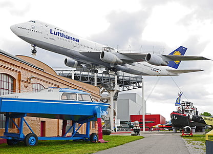 boeing 747, jumbo jet, museum, outdoor area, aircraft, aviation, lufthansa